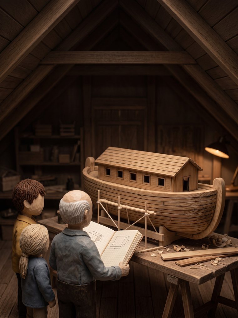 Capa: a maquete no berço da bancada, com o andaime de palitos e os três de costas. Maquete do vô Augusto. A forma é suposta: a Bíblia dá as medidas, não o desenho.
