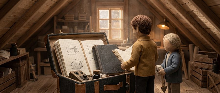Capítulo 1: o baú de bordo aberto no sótão, com o Caderno de Bordo e a fita de medir.